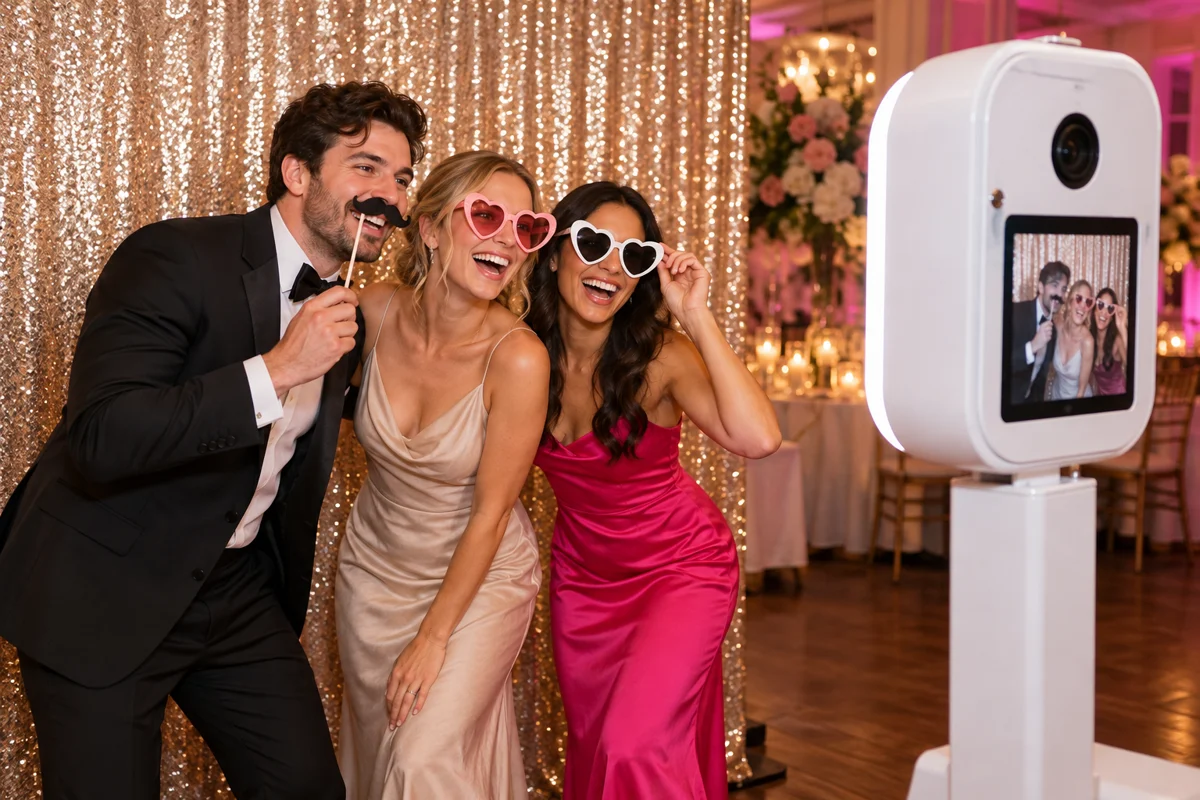 Illustration of wedding guests posing with props at a photo booth